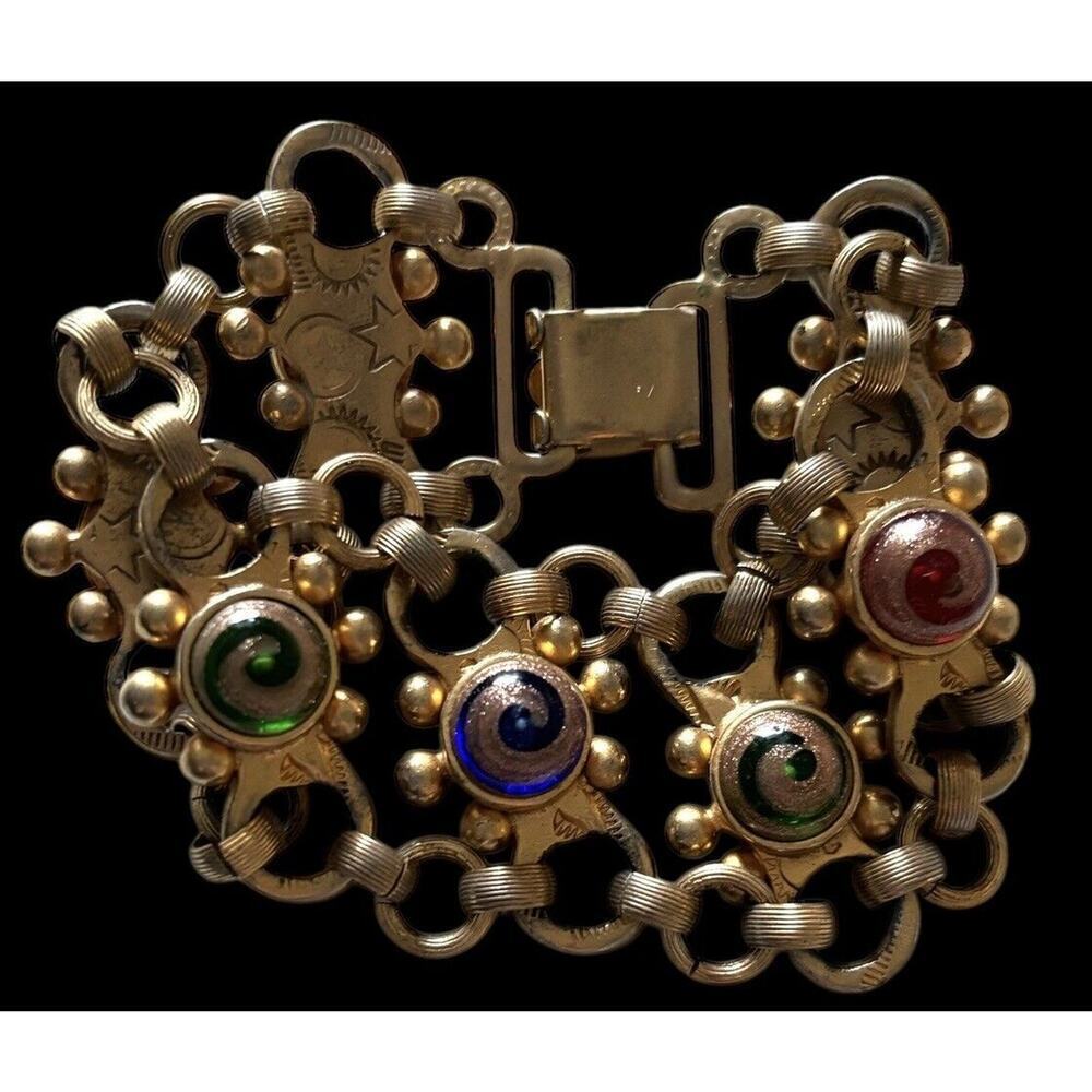 Venetian Art Glass Swirl Bracelet Wide Ornate Open Link Statement Copper - Picture 12 of 12